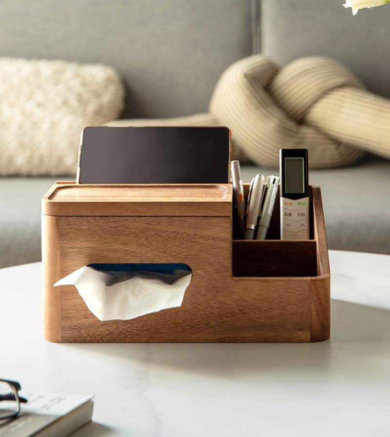 Wooden Desktop Storage Box, Tissue Box, Mobile Phone Holder