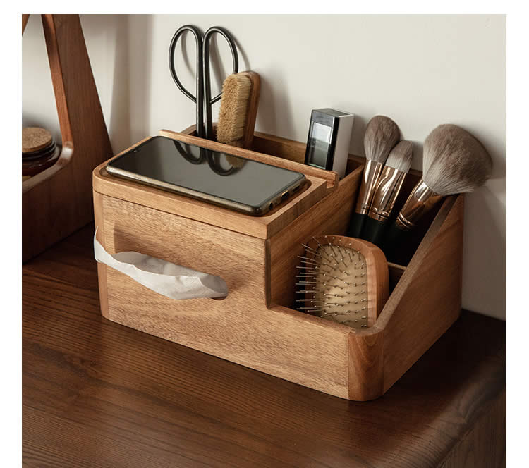 Wooden Desktop Storage Box, Tissue Box, Mobile Phone Holder
