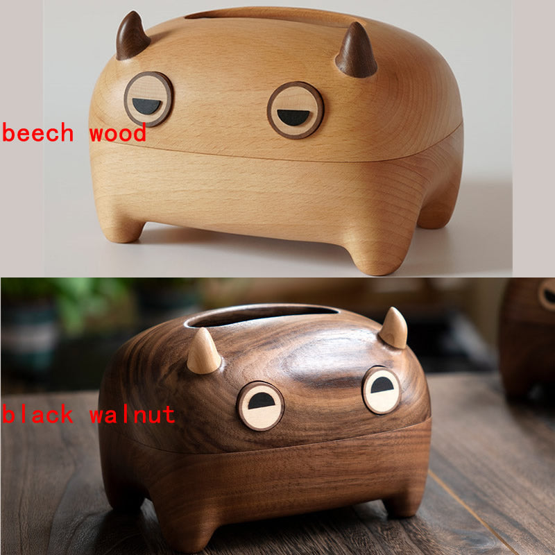Wooden Double-Horned Monster Tissue Box, Fun Desktop Decoration