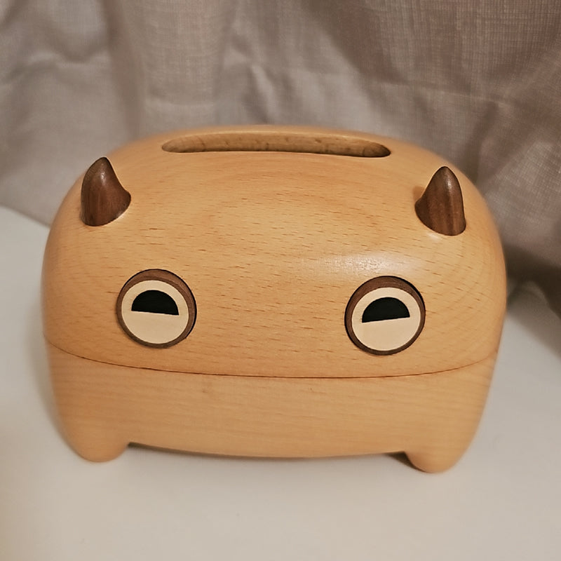Wooden Double-Horned Monster Tissue Box, Fun Desktop Decoration