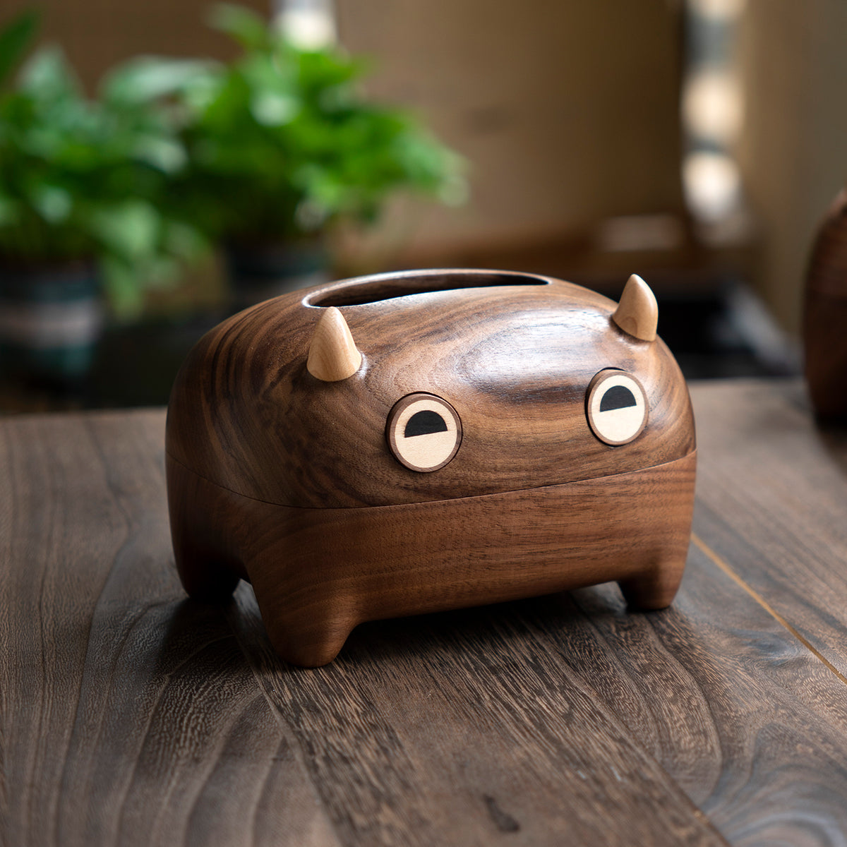Wooden Double-Horned Monster Tissue Box, Fun Desktop Decoration