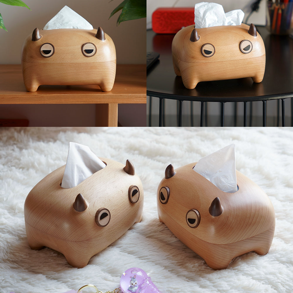 Wooden Double-Horned Monster Tissue Box, Fun Desktop Decoration