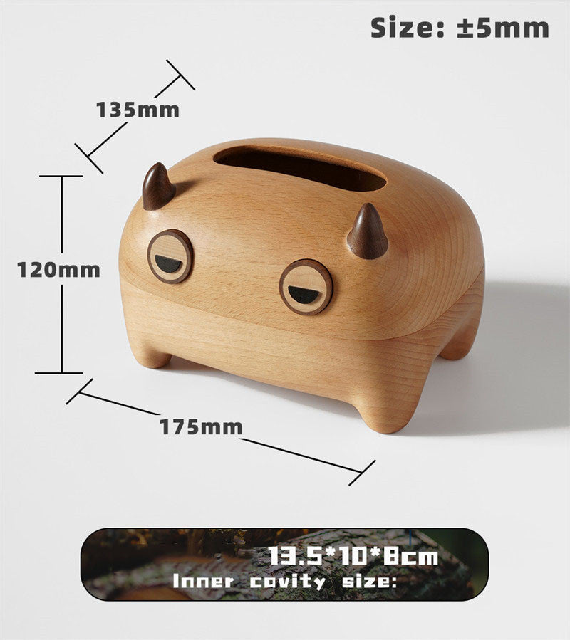 Wooden Double-Horned Monster Tissue Box, Fun Desktop Decoration