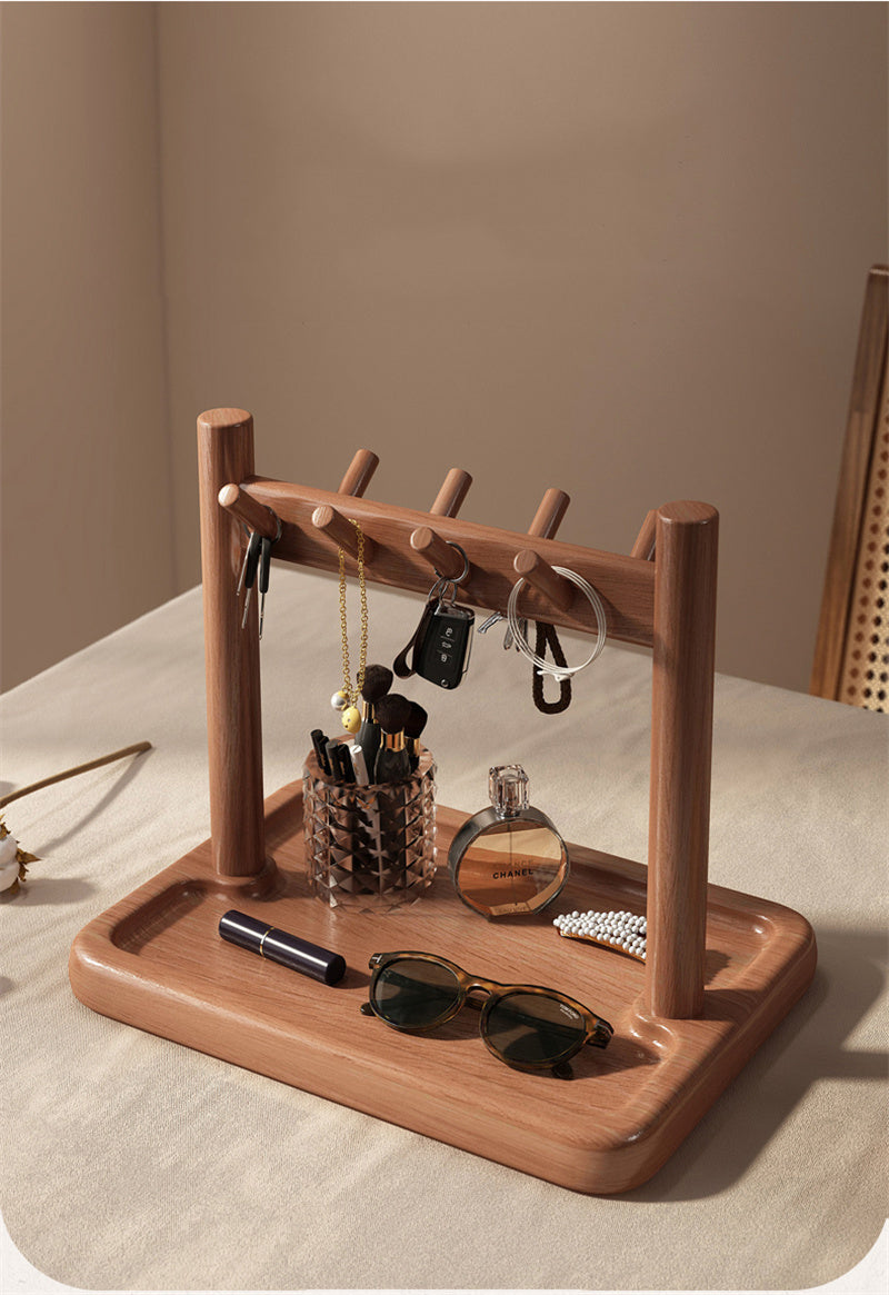 Wooden Entryway Organizer with Tray and Hooks, Key Holder for