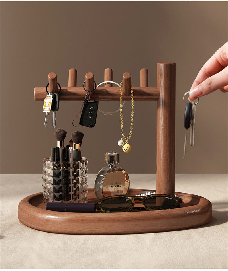Wooden Entryway Organizer with Tray and Hooks, Key Holder for