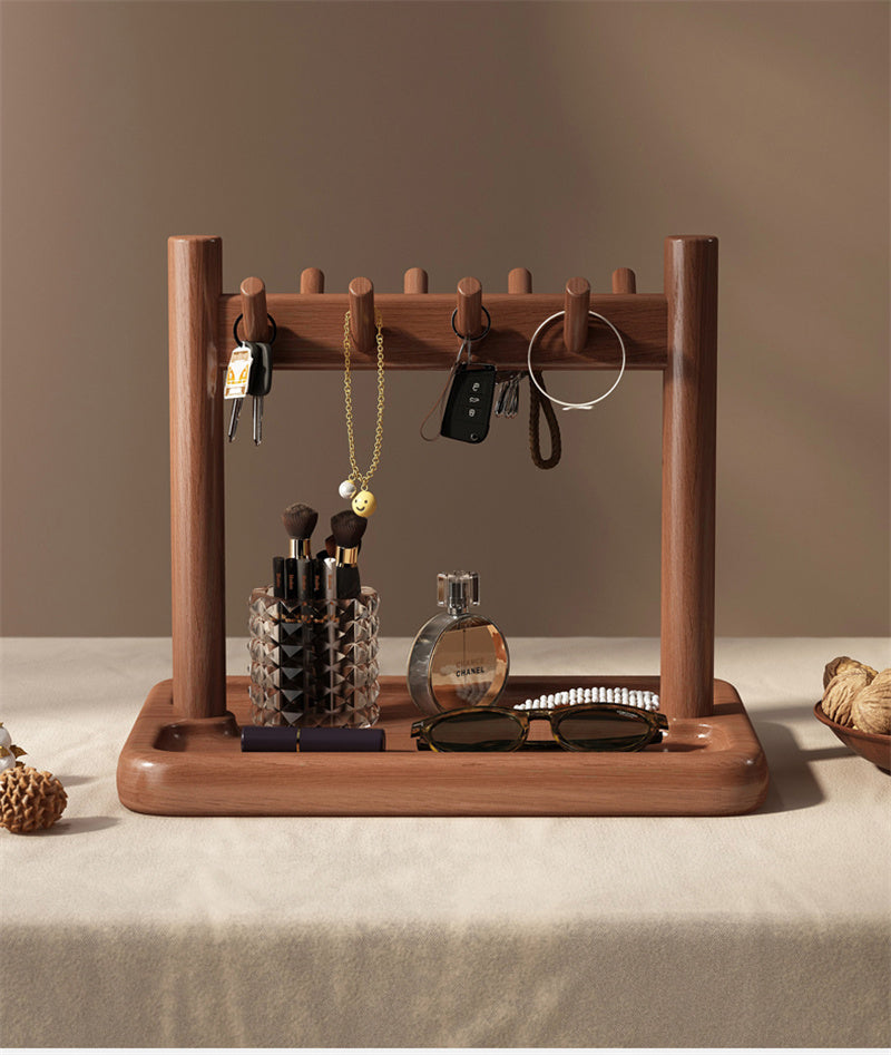 Wooden Entryway Organizer with Tray and Hooks, Key Holder for