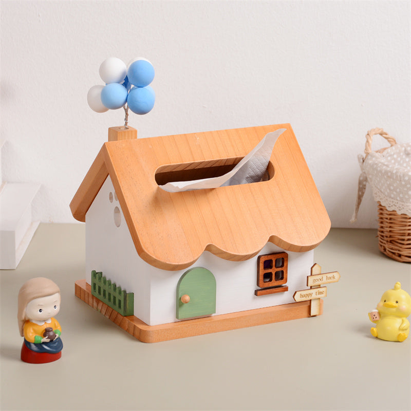 Wooden Fairy House Tissue Box - Rustic Fairy Tale Decorative Tissue Holder for Living Room & Kids Room