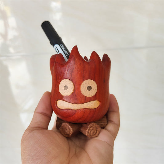 Wooden Flame Pen Holder, Creative Desk Organizer with Handcrafted Design