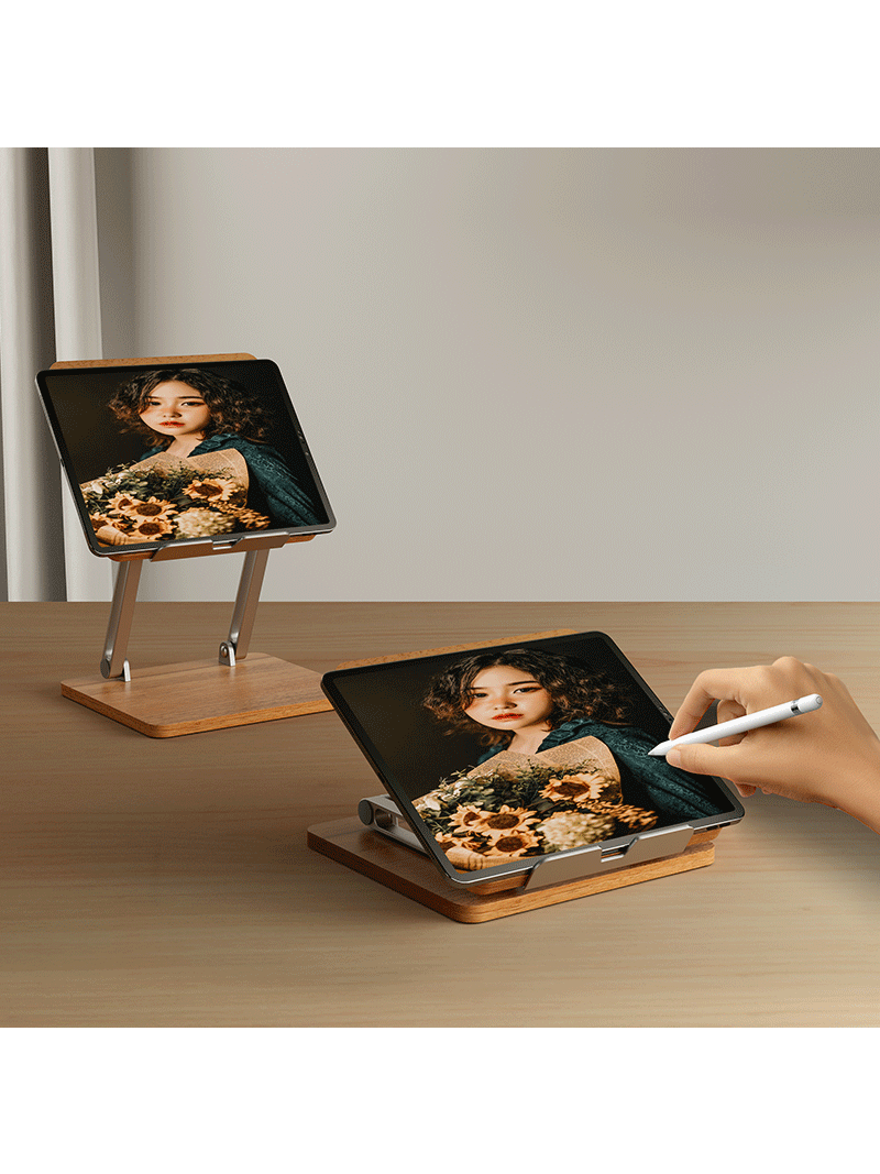 Wooden Folding Tablet Stand, Multi-Angle Adjustable iPad Stand