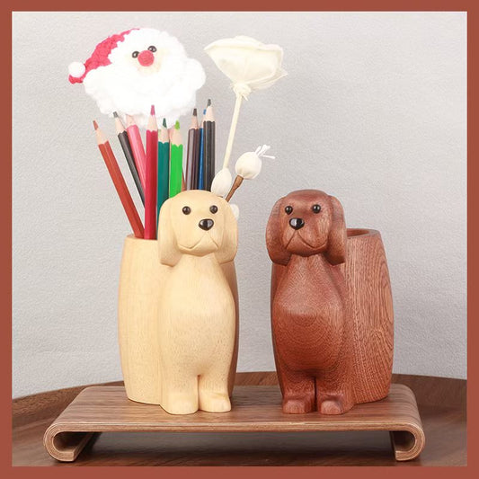 Wooden Golden Retriever Pen Holder - Cute Office Desk Organizer