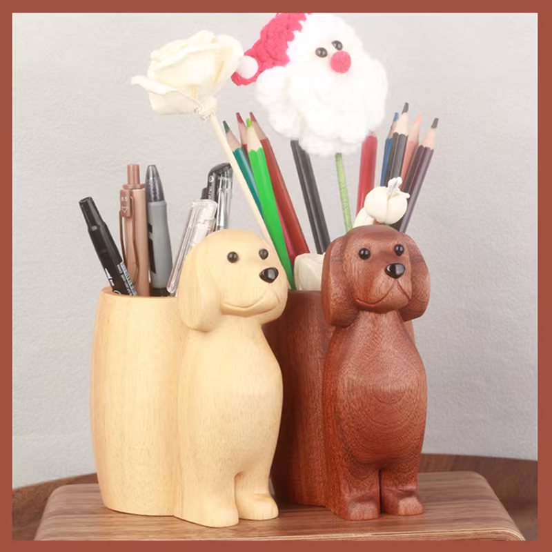 Wooden Golden Retriever Pen Holder - Cute Office Desk Organizer