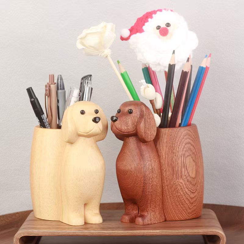Wooden Golden Retriever Pen Holder - Cute Office Desk Organizer
