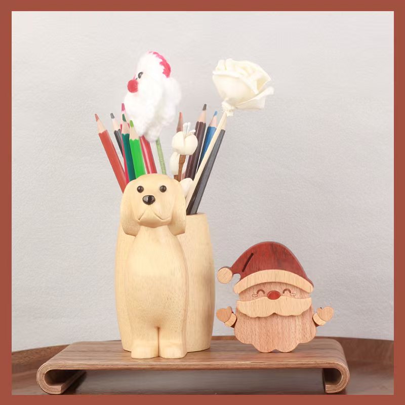 Wooden Golden Retriever Pen Holder - Cute Office Desk Organizer
