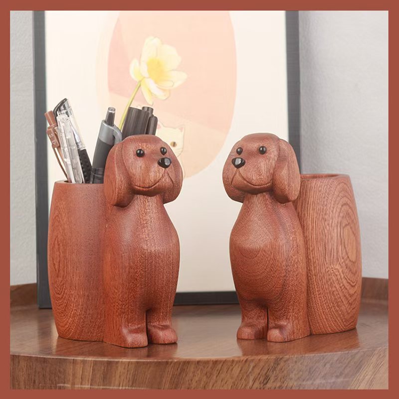 Wooden Golden Retriever Pen Holder - Cute Office Desk Organizer