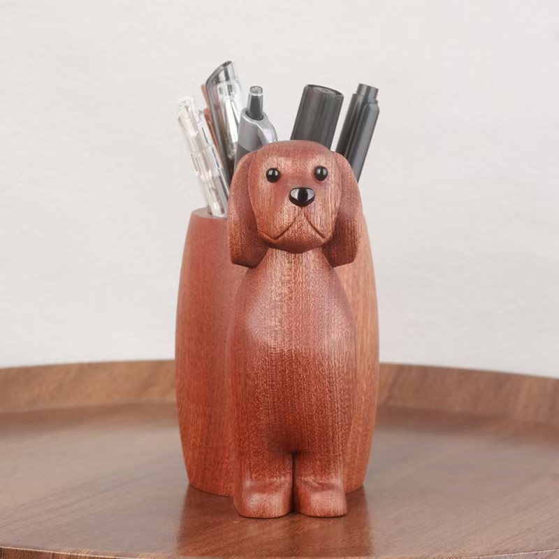 Wooden Golden Retriever Pen Holder - Cute Office Desk Organizer