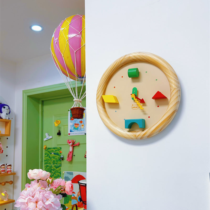 Wooden Kids Wall Clock, 3D Geometric Building Block Decor Clock, Silent Non‑Ticking Wall Watch