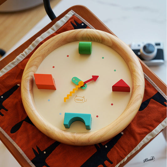 Wooden Kids Wall Clock, 3D Geometric Building Block Decor Clock, Silent Non‑Ticking Wall Watch