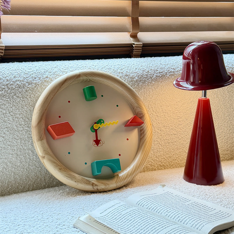 Wooden Kids Wall Clock, 3D Geometric Building Block Decor Clock, Silent Non‑Ticking Wall Watch