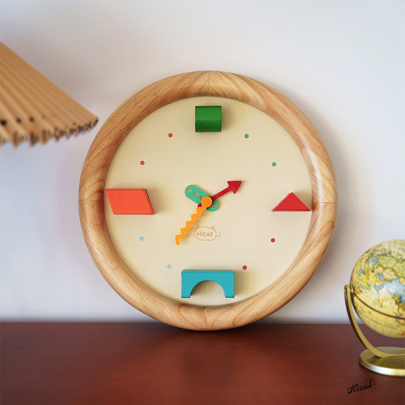 Wooden Kids Wall Clock, 3D Geometric Building Block Decor Clock, Silent Non‑Ticking Wall Watch