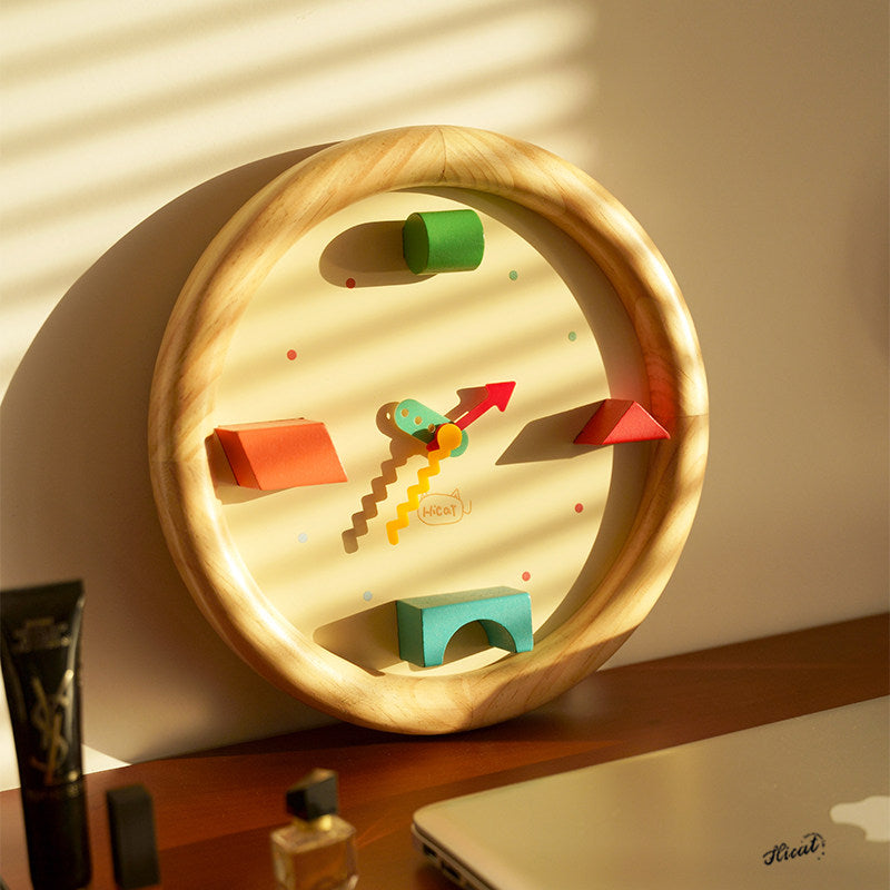Wooden Kids Wall Clock, 3D Geometric Building Block Decor Clock, Silent Non‑Ticking Wall Watch