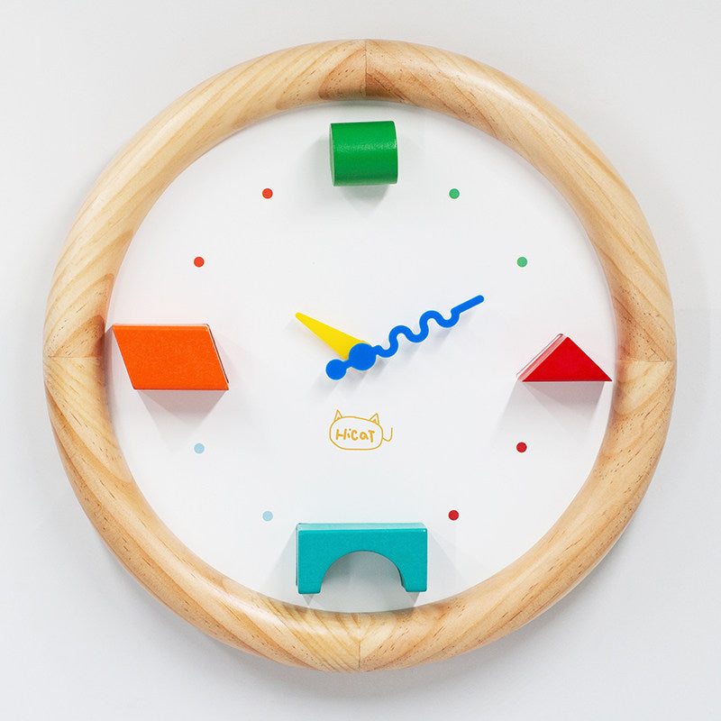 Wooden Kids Wall Clock, 3D Geometric Building Block Decor Clock, Silent Non‑Ticking Wall Watch