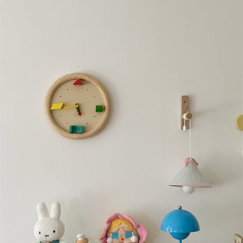Wooden Kids Wall Clock, 3D Geometric Building Block Decor Clock, Silent Non‑Ticking Wall Watch