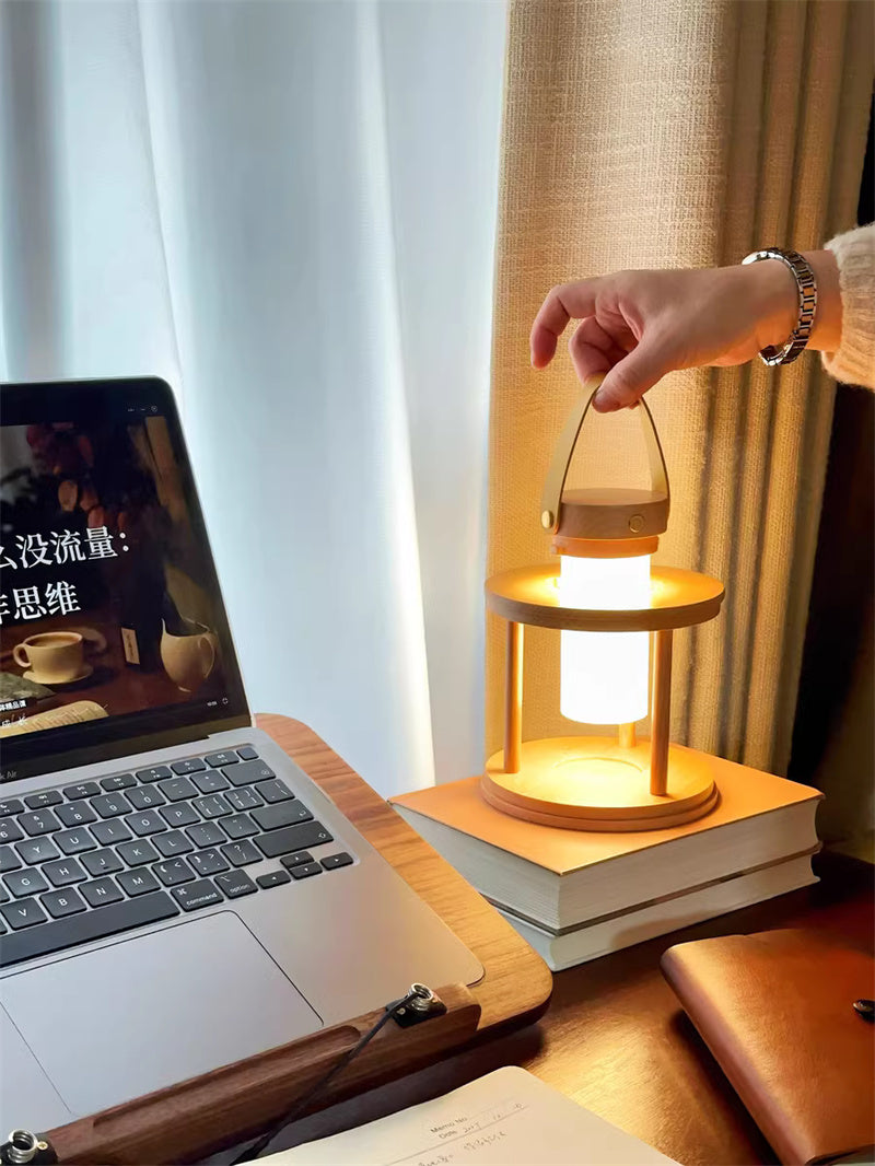 Wooden Lantern Table Lamp - Portable Rechargeable,Outdoor Camping Lights