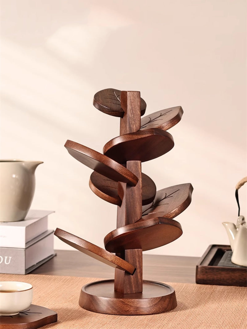Wooden Leaf - Shaped Coasters with Holder, Heat - Resistant Cup Mats