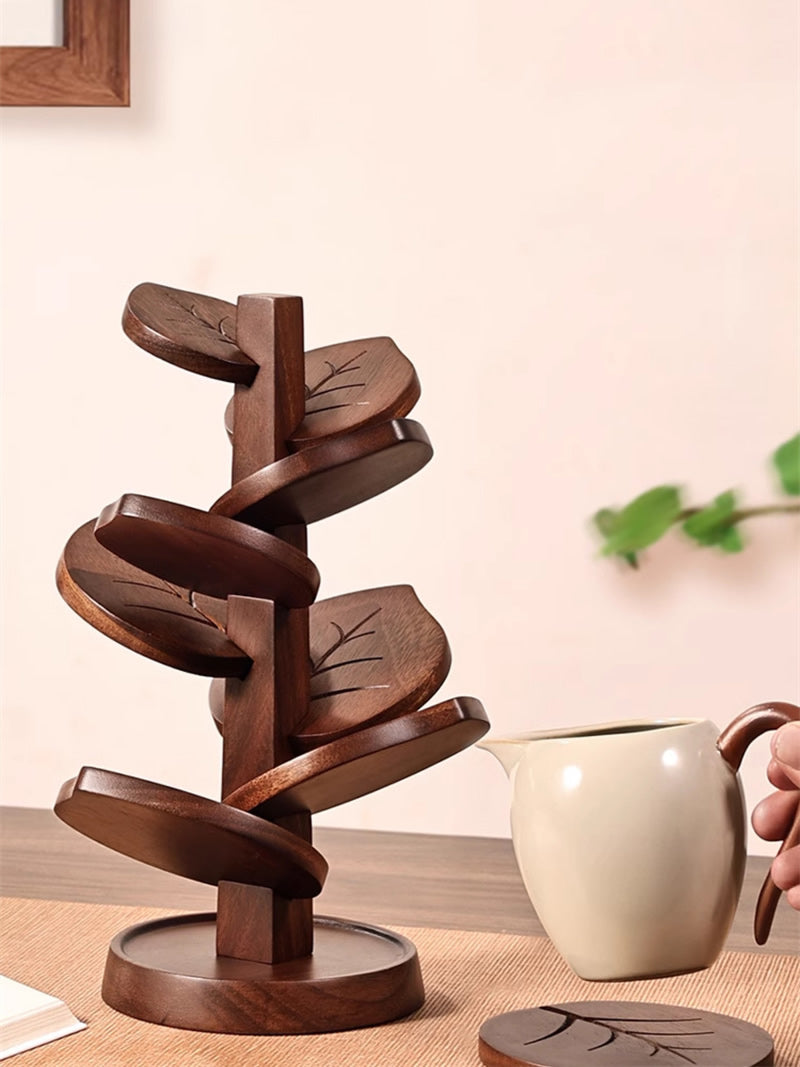 Wooden Leaf - Shaped Coasters with Holder, Heat - Resistant Cup Mats