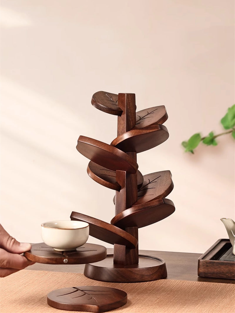 Wooden Leaf - Shaped Coasters with Holder, Heat - Resistant Cup Mats
