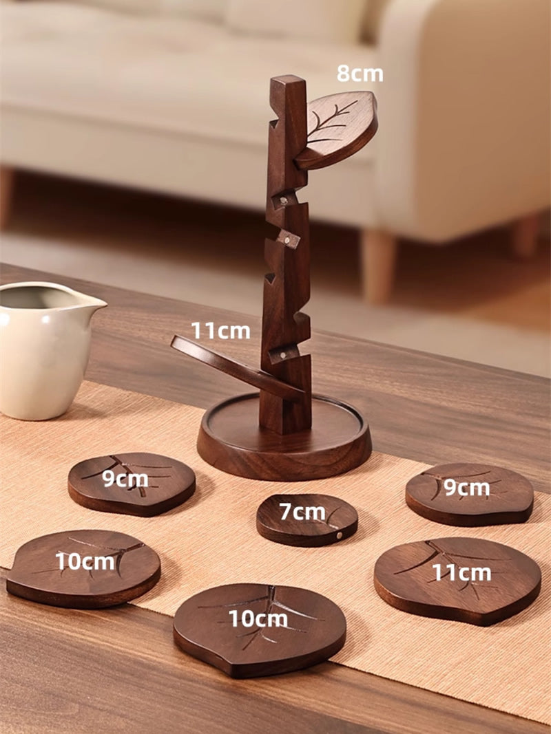 Wooden Leaf - Shaped Coasters with Holder, Heat - Resistant Cup Mats
