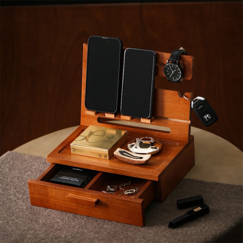 Wooden Multi - Functional Organizer, Desktop Storage with Phone Stand, Drawer, and Hooks