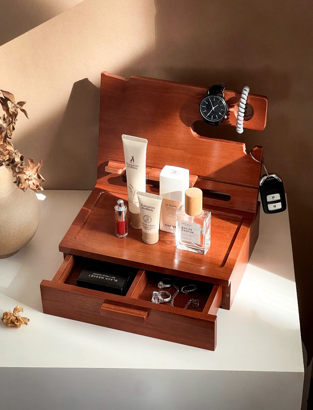 Wooden Multi - Functional Organizer, Desktop Storage with Phone Stand, Drawer, and Hooks