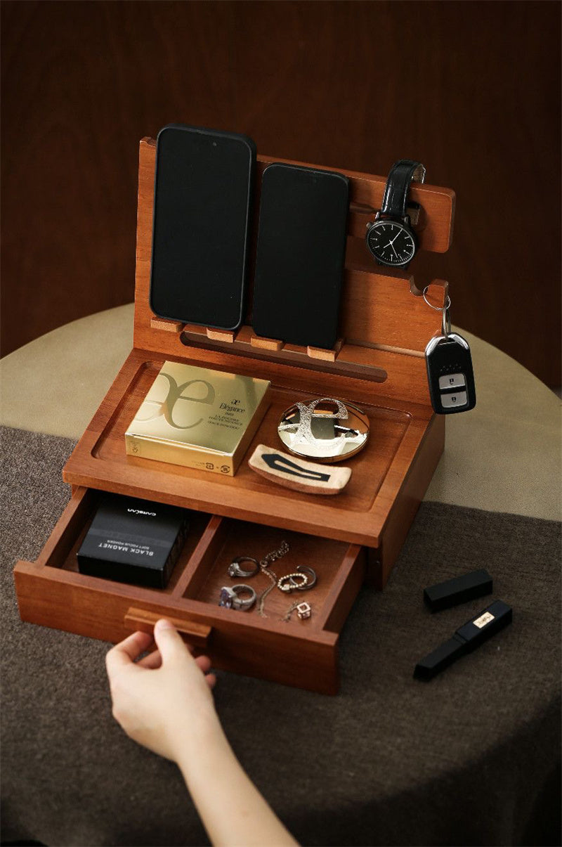 Wooden Multi - Functional Organizer, Desktop Storage with Phone Stand, Drawer, and Hooks