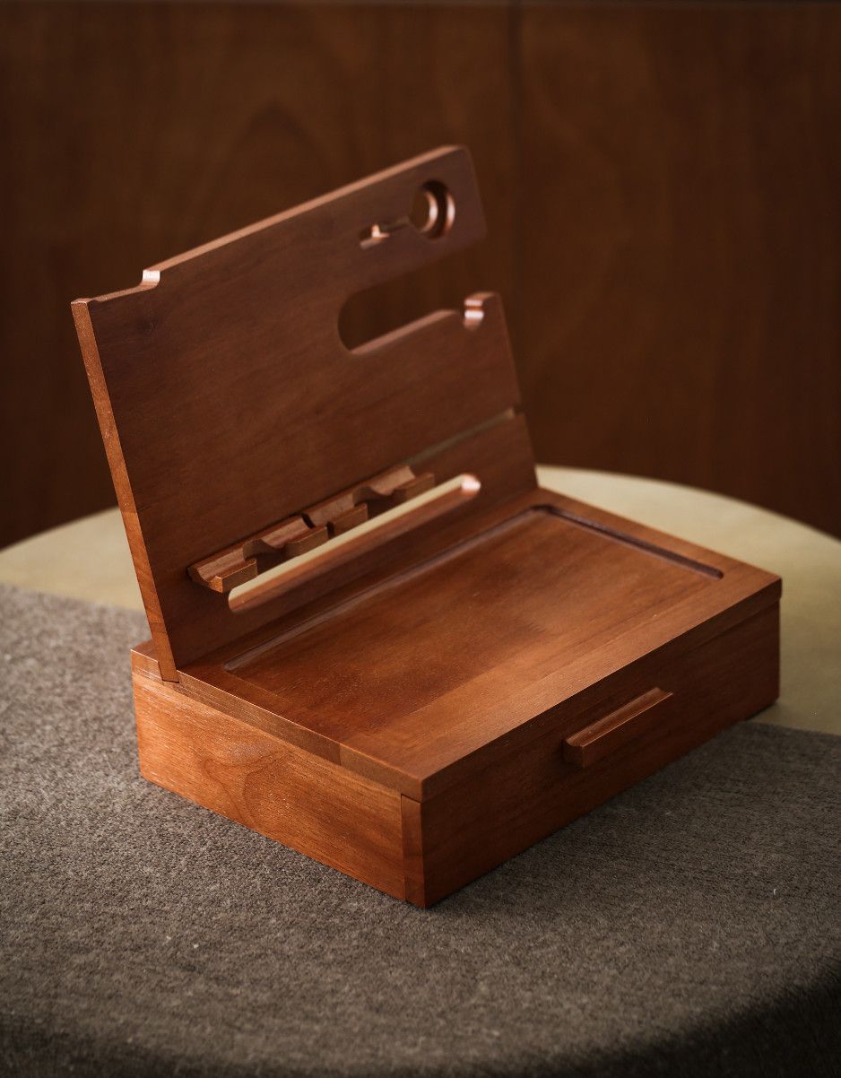 Wooden Multi - Functional Organizer, Desktop Storage with Phone Stand, Drawer, and Hooks