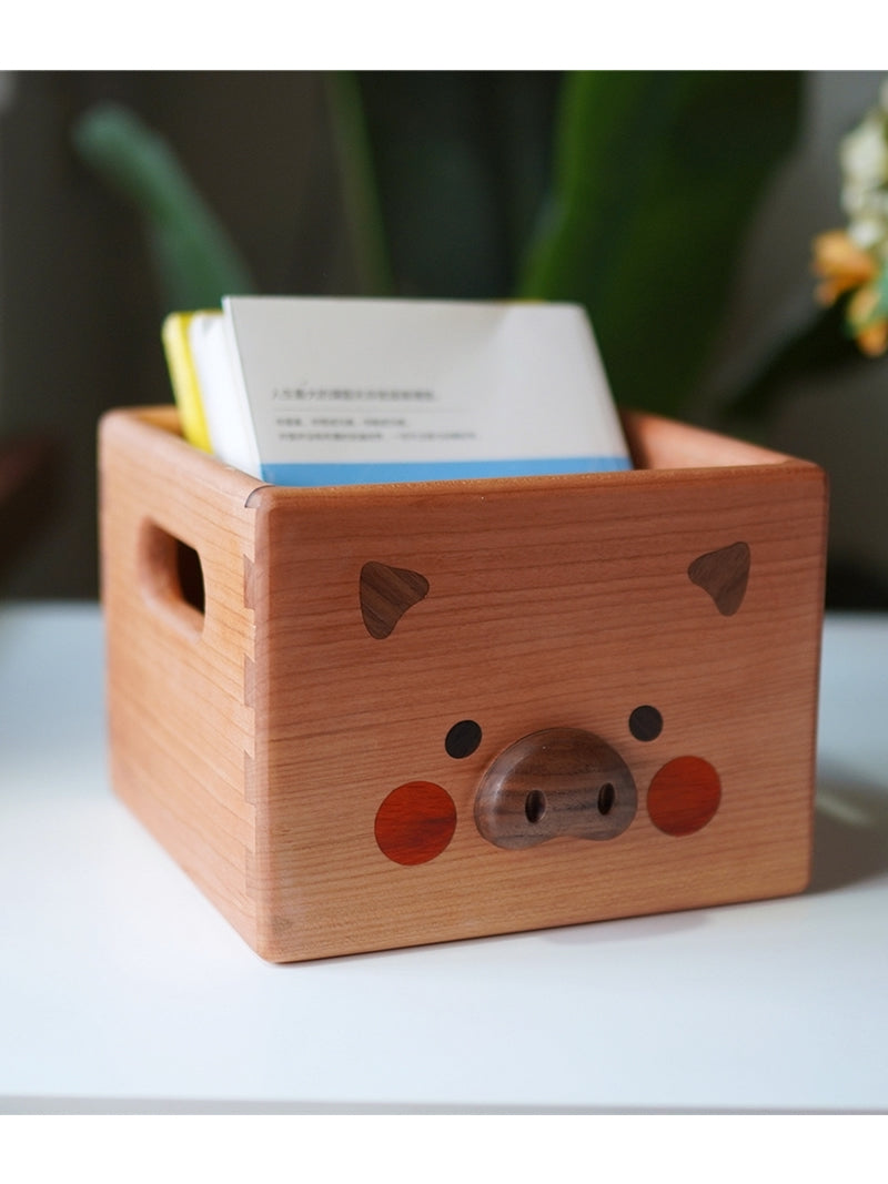 Wooden Pig Face Storage Box - Organizer for Office Desk, Makeup, Jewelry