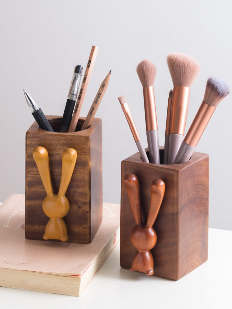 Wooden Rabbit Desktop Pen Holder, Home Office Desktop Organization,Walnut Wood Square Makeup Brush Storage Cup
