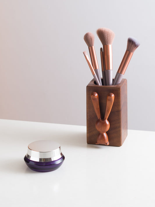 Wooden Rabbit Desktop Pen Holder, Home Office Desktop Organization,Walnut Wood Square Makeup Brush Storage Cup