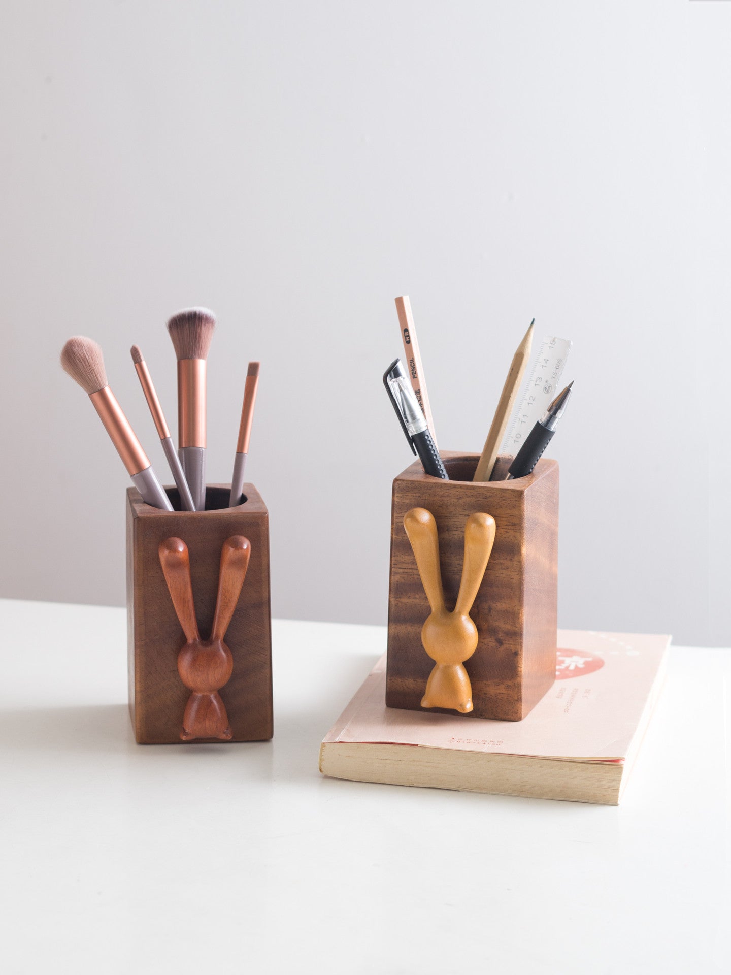 Wooden Rabbit Desktop Pen Holder, Home Office Desktop Organization,Walnut Wood Square Makeup Brush Storage Cup