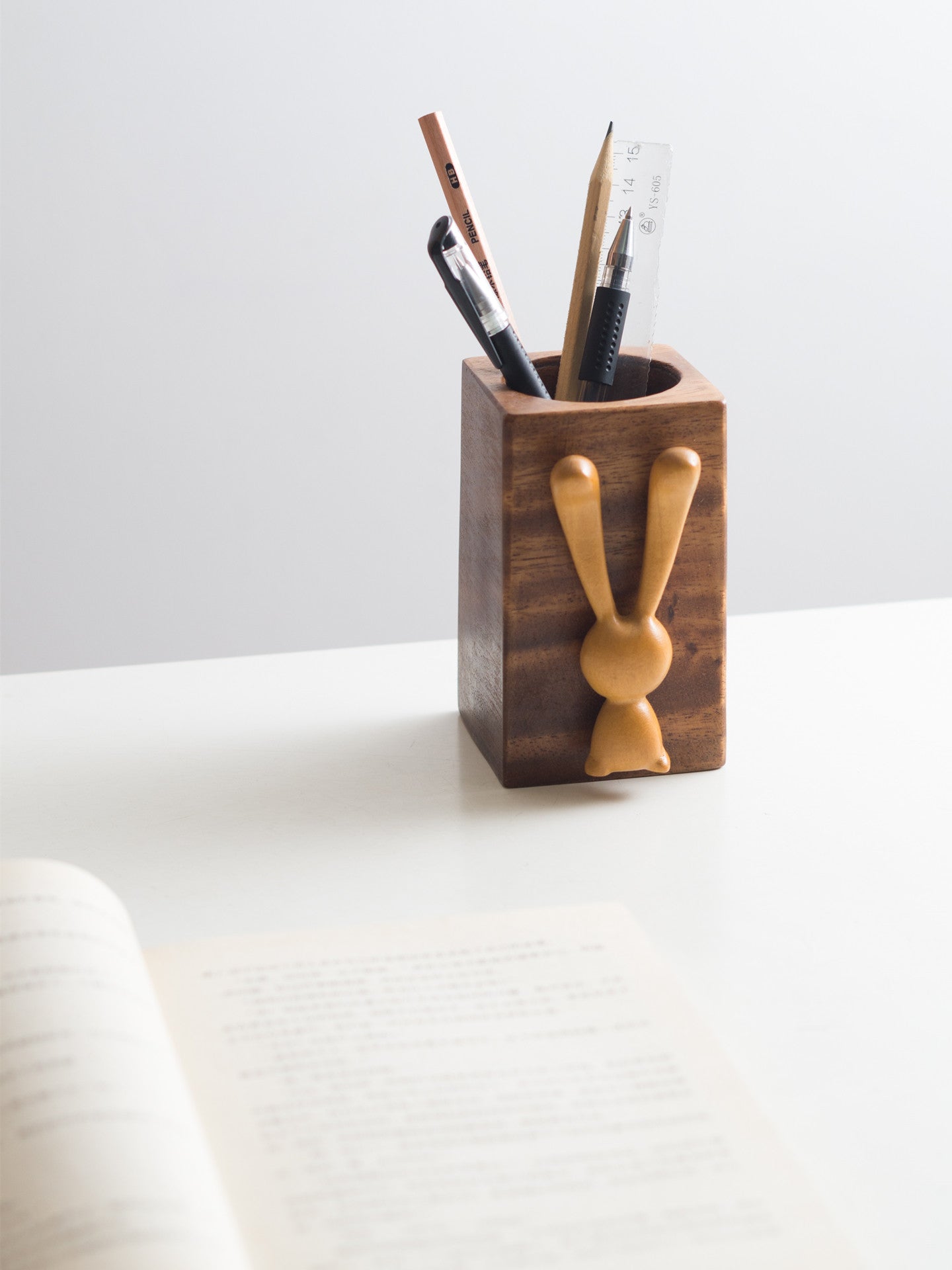 Wooden Rabbit Desktop Pen Holder, Home Office Desktop Organization,Walnut Wood Square Makeup Brush Storage Cup