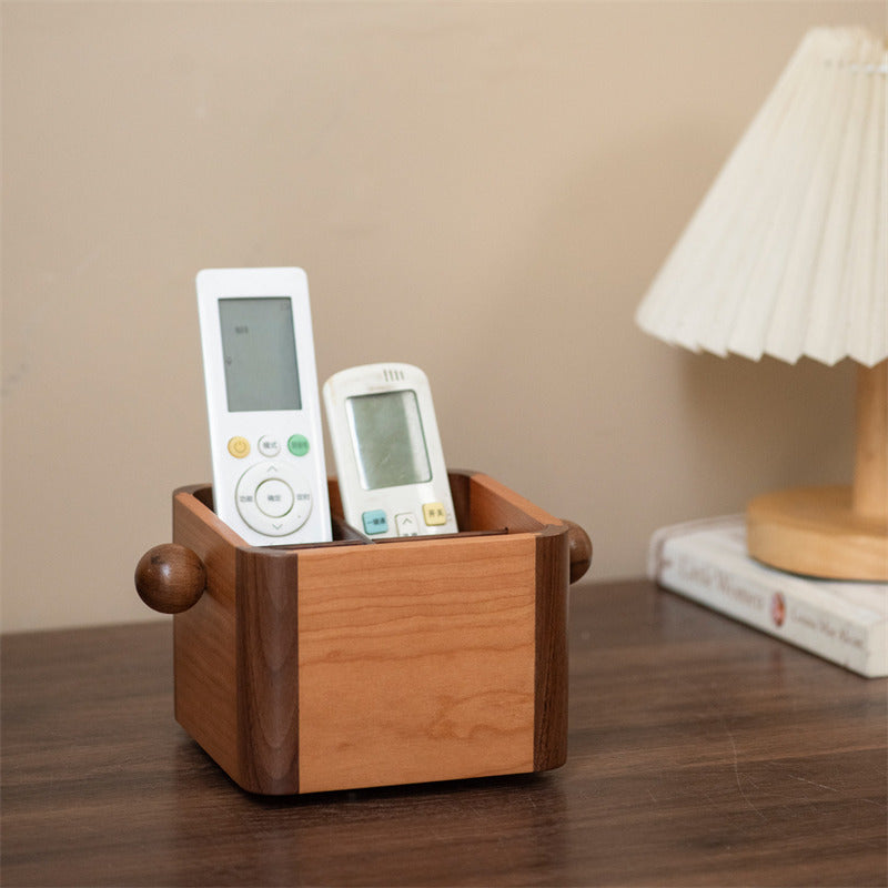 Wooden Remote Control Holder - Multi-Compartment Cherry & Walnut Organizer Box for TV Remotes & Small Accessories