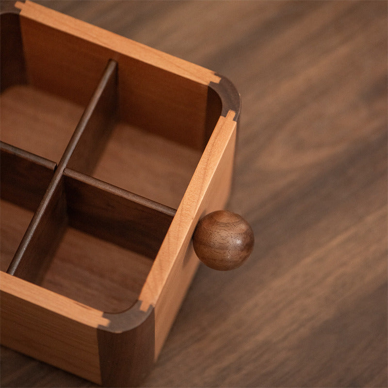 Wooden Remote Control Holder - Multi-Compartment Cherry & Walnut Organizer Box for TV Remotes & Small Accessories