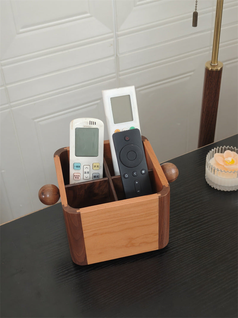 Wooden Remote Control Holder - Multi-Compartment Cherry & Walnut Organizer Box for TV Remotes & Small Accessories