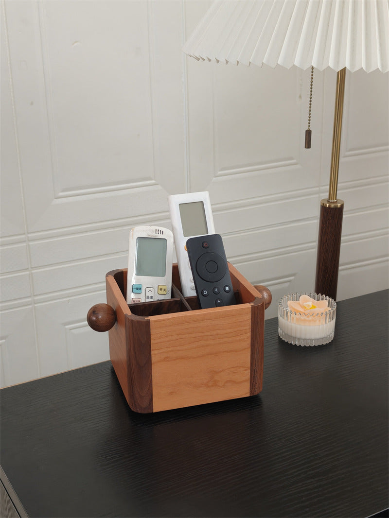 Wooden Remote Control Holder - Multi-Compartment Cherry & Walnut Organizer Box for TV Remotes & Small Accessories