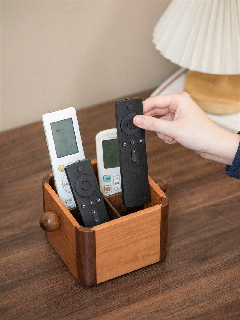 Wooden Remote Control Holder - Multi-Compartment Cherry & Walnut Organizer Box for TV Remotes & Small Accessories