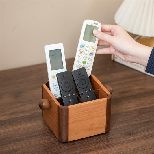 Wooden Remote Control Holder - Multi-Compartment Cherry & Walnut Organizer Box for TV Remotes & Small Accessories