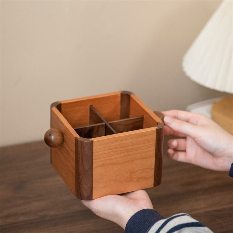 Wooden Remote Control Holder - Multi-Compartment Cherry & Walnut Organizer Box for TV Remotes & Small Accessories