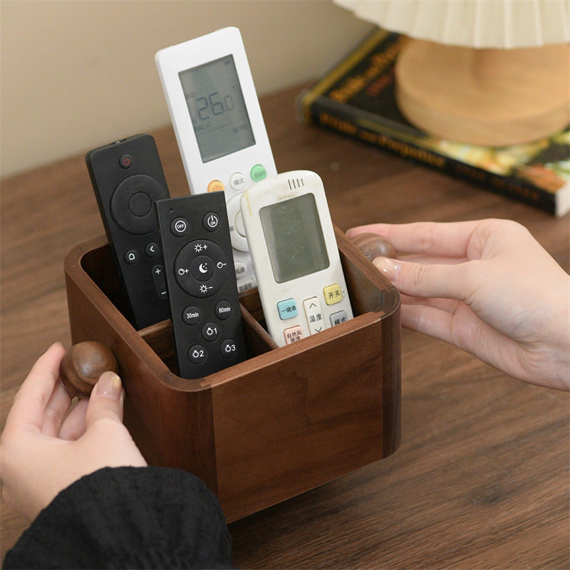 Wooden Remote Control Organizer with 360° Rotating Base, Desk Office Supplies Storage Box