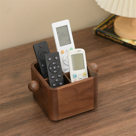 Wooden Remote Control Organizer with 360° Rotating Base, Desk Office Supplies Storage Box