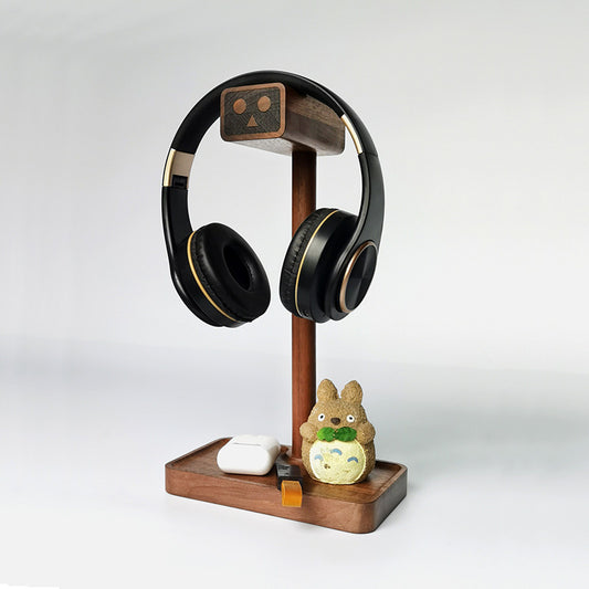Wooden Robot Headphone Stand with Storage Tray - Cute & Functional Headset Holder for Desk Organization